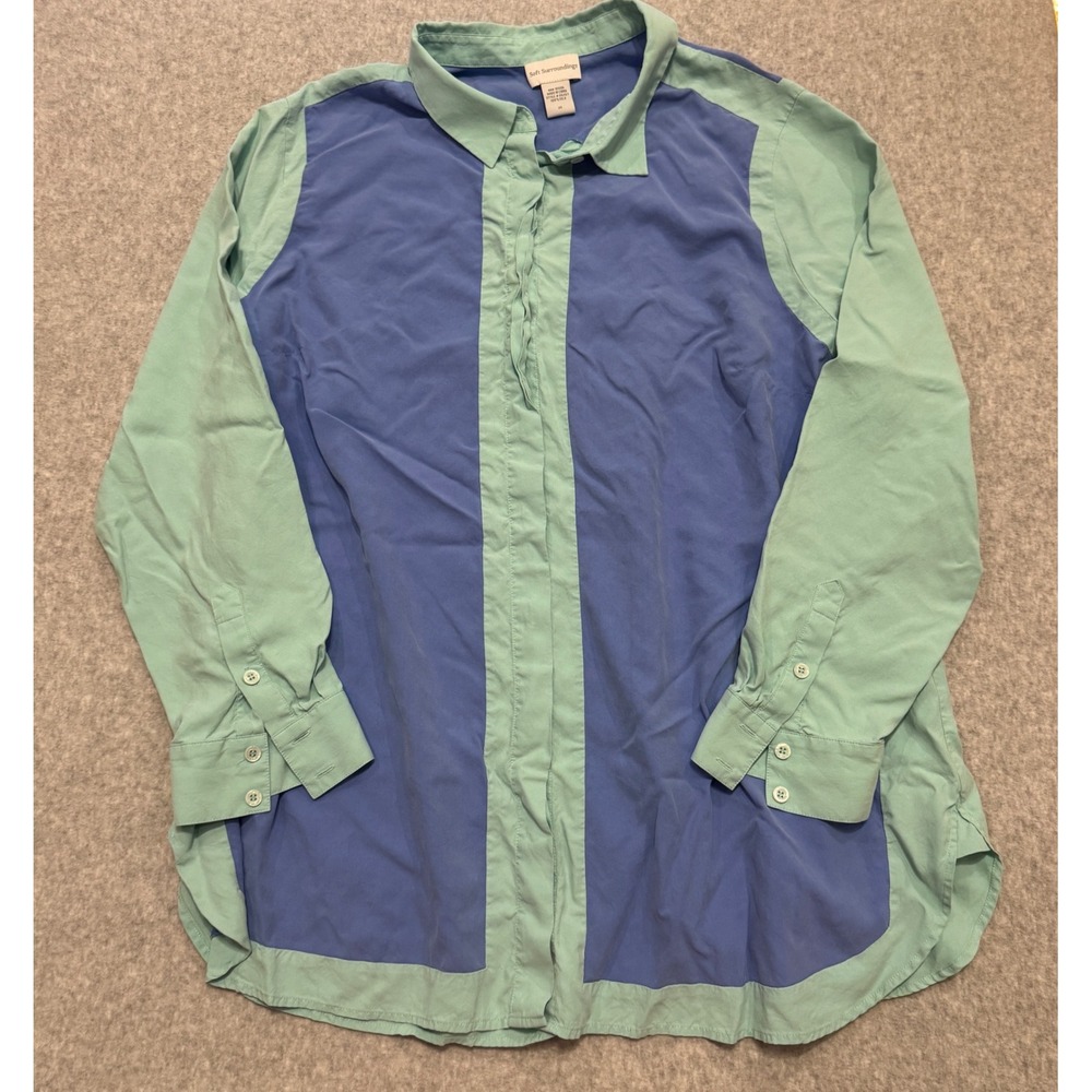 Soft Surroundings 100% Silk Colorblock Button Down Shirt Blue Green 2X 56267
